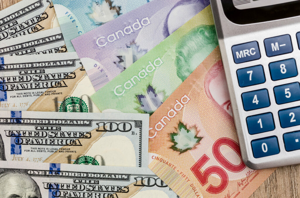 American and Canadian bills and calculator