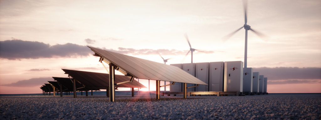 alternative energy farm with solar pannels and wind turbines