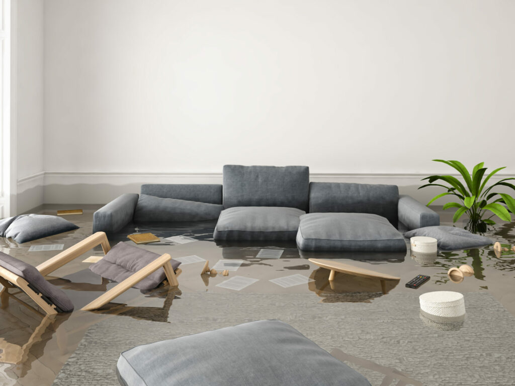 3d rendering flood in brand new apartment with furniture underwater