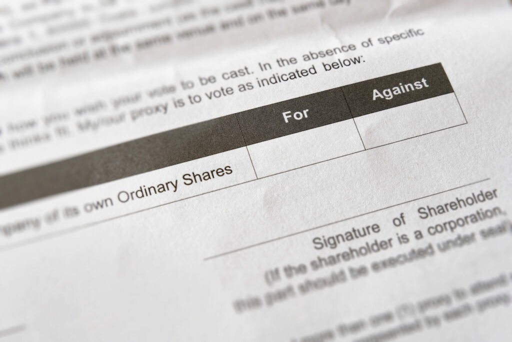 Shareholders proxy form for equity holders of a corporation