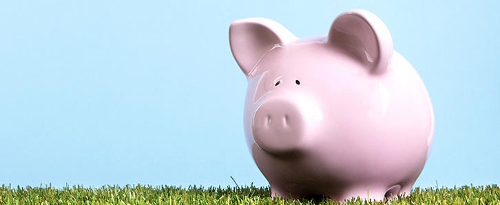 A piggy bank sitting on grass with a clear blue sky in the background.
