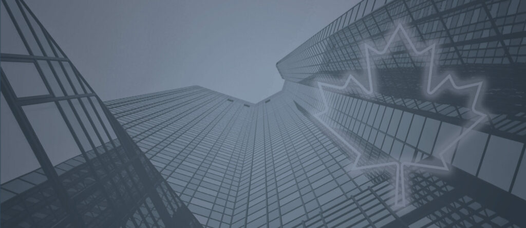 An outline of a maple leaf overlaid on a photo of a tall office building.