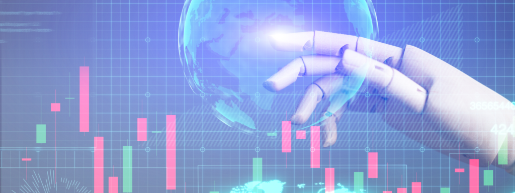A robot hand in front of a graphic of a globe and a stock chart.