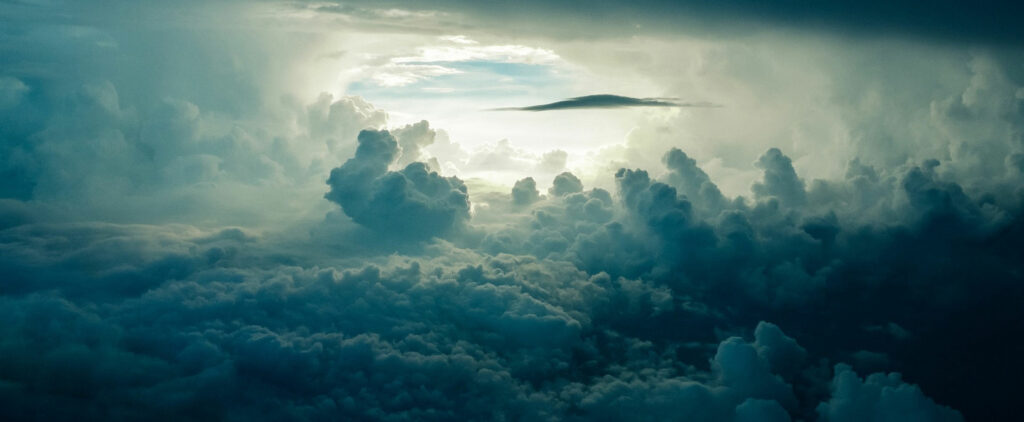 Photo of storm clouds taken from a high altitude.
