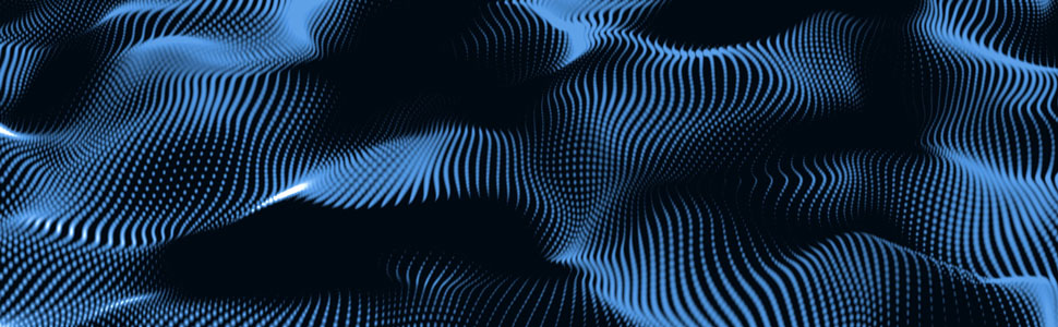 Computer generated abstract image resembling waves in an array of blue dots in a dark space.